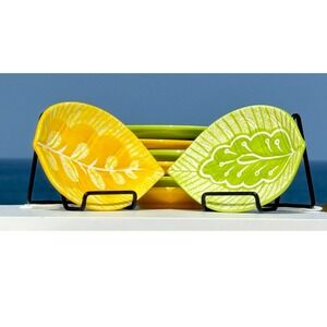 Plates Leaf Appetizer Ware Ceramic Green Yellow Botanical Small Dishes 8 piece